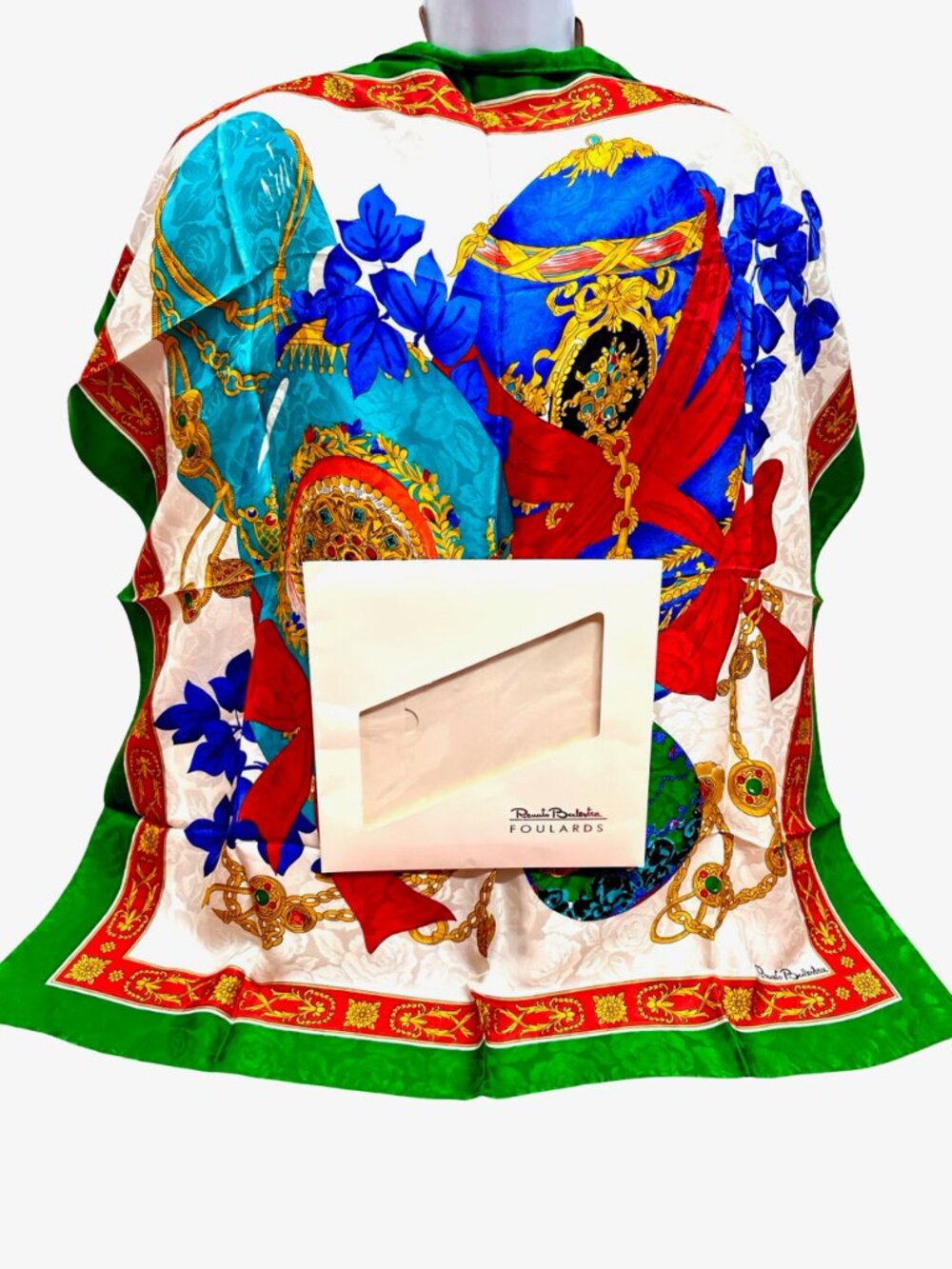 New W/Box Italy Made Renato Balestra 100% Silk Scarf 34" Green Ivery Red (66) - Picture 2 of 15
